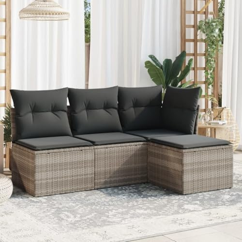 KKHOMEI Lounge Set mit Stauraum und wasserfestem Beutel, Rattan Gartenmöbel Set, Balkonlounge L Form Balkonmöbel Kleiner Balkon Rattan Ecklounge Hellgrau 4-TLG Type-4196