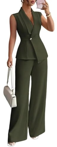 LCDIUDIU Conjunto Dos Piezas para Mujer, Elegante, Chaleco Cruzado Sin Mangas Con Cuello En V, Blazer Cintura Alta Y Pantalones Pierna Ancha. Conjunto Verano Elegante Ajustado para El Trabajo, La Of