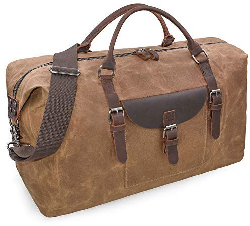 NEWHEY 55L Travel Duffel Bag, Waterproof Waxed Canvas & Leather Weekender Bag for Men, Large Carry-on Overnight Bag for 4-5 Day Business Trips & Weekend Getaways, Brown