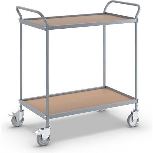 eurokraft | Servierwagen | Etagenhöhe 590 mm | 2 Etagen | mit 4 Lenkrollen | 2 mit Doppelstopp | Rad-Ø 100 mm