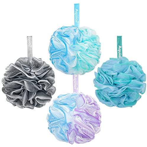 Aquior Bath Sponge Shower Loofahs Balls 60g/PCS Extra Large Mesh Pouf Easy Foaming Body Scrubber Exfoliator for Big Full Lather Cleanse(4 Pack)