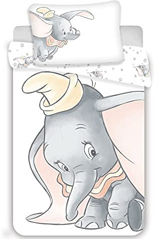JFabrics Dumbo Grey Baby Bed Linen, 2 Pieces, 100% Cotton, 100% Cotton, 100% Cotton, 100 x 135 cm, 40 x 60 cm, Oeko-Tex Standard 100