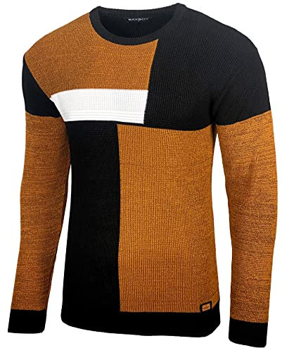 Baxboy Herren Pullover Slim Fit Rundhals Strick-Pullover Rundkragen Moderner Männer schwarzer Pulli Longsleeve in Feinstrick Sweatshirt BB-52288, Farbe:Camel, Größe:XL