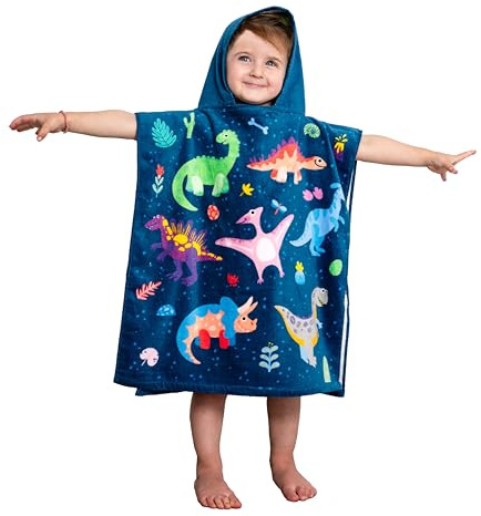 Theonoi Poncho de bain pour enfant - Serviette à capuche / peignoir - Serviette de bain - Avec capuche - Pour garçons et filles - 100 % coton (dinosaures)