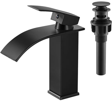 AIMOYO Black Basin Mixer Tap Waterfall Bathroom Sink Tap Single Lever Brass Mono Cloakroom Mixer Taps with Pop Up Drain, Cold and Hot Water Available