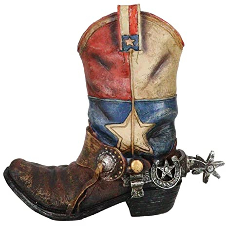 Ebros Gift Patriotic Texas State Flag Western Star Rustic Antiqued Cowboy Boot with Spur Hand Painted Resin Decorative Flower Bouquet Vase Or Planter Figurine American Spirit Home Decor Accent