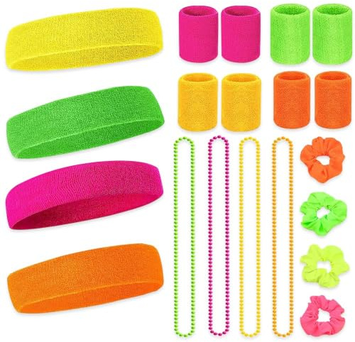 Aoreun Neon Schweißband Set, 80er 20 Stück Jahre Schweißband 4 Farben Absorbierendes Sportstirnband mit Armband Retro Party Accessoires für Laufen Radfahren Karneval Kostüme Dekoration