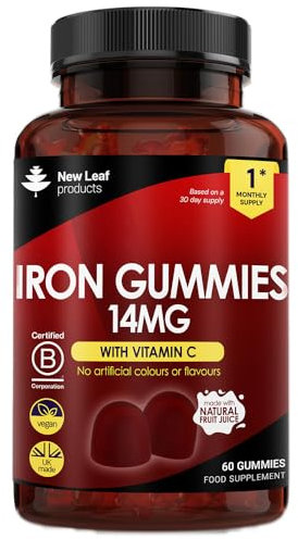 Iron Gummies with Vitamin C for Added Absorption - 60 Gummies for Women & Men - Real Fruit Juice (1 Month Supply) Iron Supplements Tasty Alternative to Tablets 14mg Per Serving