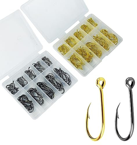 Tadipri Angelhaken Kohlenstoffstahl Angelhaken Set Mit Kunststoff Box Angelzubehör Set Augenlos Haken/Augen Haken10Größen 200Stück(Gold Und Schwarz)