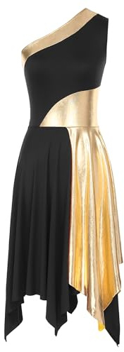 ranrann Femme Robe Danse Asymétrique Métallique Brillant Une Epaule Robe Danse Contemporaine Costume Tenue Dancewear S-XXL Noir M