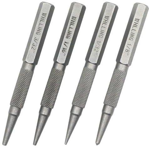WHLLING 4-Piece Nail Setter Punch and Center Punch Set, Heat Treated Alloy Steel with Knurled Grip Most Commonly Used Sizes for Carpenters Woodworkers