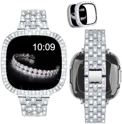 VISOOM Armband kompatibel mit Fitbit Versa 4/Versa 3/Sense 2/Sense mit Schutzhülle, Damen Elegantes Keine Lücke Metallarmband und Gehäuse mit Glitzer Diamanten