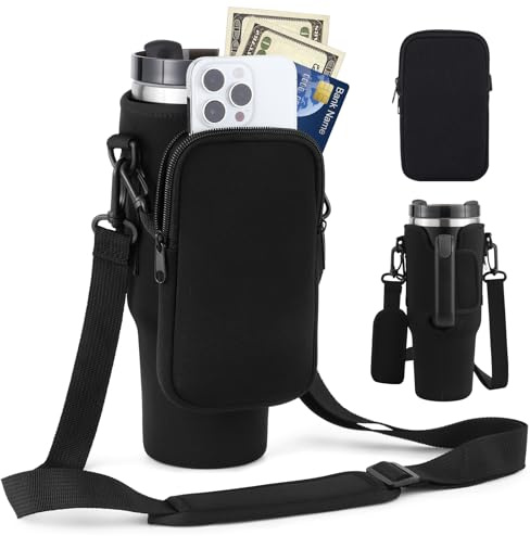 PRAOAHEI Flaschenhalter mit Tasche, Kompatibel 40oz Thermoskannen mit Strohhalm und Deckel für Stanley Cup, Wasserflaschenhalter mit Verstellbarem Riemen, Geeignet Zum Wandern Laufen Radfahren