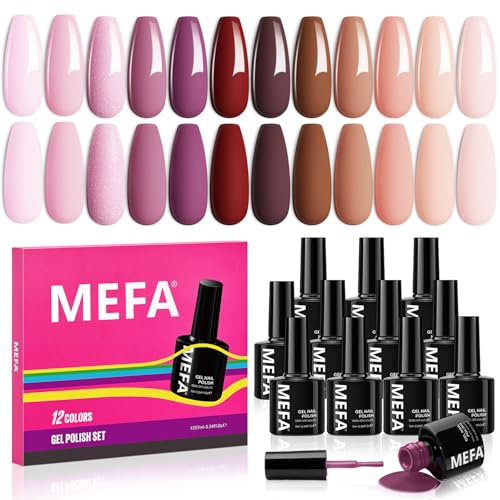 MEFA Brown Gel Nail Polish Set, 12 Colors Nude Pink Burgundy Red Nude Purple Nail Gel Manicure at Home DIY Salon for Women