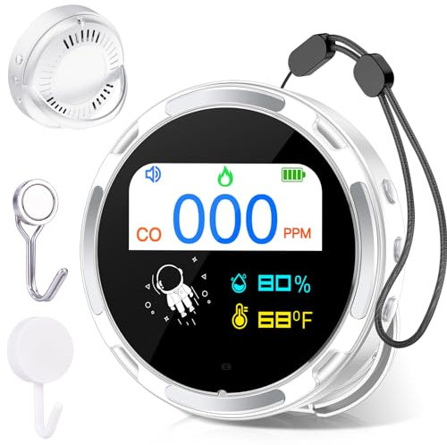 Carbon Monoxide Detectors Mini CO Detector Portable with Temperature Humidity Sensor Built-in, CO Alarm, Backlit LCD Screen, Audible Visual Alarm for Home Car Camping Travel, Comply with EN50291,White