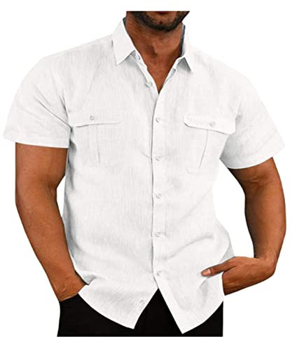 WEITING Chemises for Hommes à Manches Courtes été sans Fer décontracté Coupe régulière Chemise boutonnée Stretch Couleur Unie Hauts de Plage Chemise Manche Courte Homme (Color : White, Size : XXL)