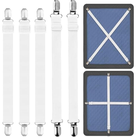 GOWTX Bettlakenspanner Verstellbar 5 Stück, Bettlakenhalter mit Metallclips | Elastische Spanngurte rutschfest, Matratze Fixierung universell, passend Bettwäsche Spannbettlaken Zubehör
