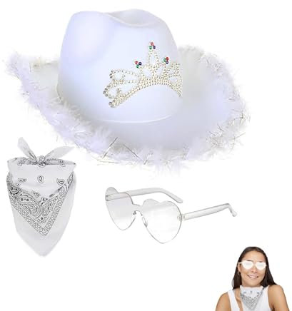 Yabauuop Weißer Cowgirl-Hut – Western-Kostüm, Cowboyhut-Set, Leuchtende Farben, Filz-Cowgirl-Hut Mit Federbandana, Herz-Sonnenbrille Und Quadratischem Schal, Junggesellenabschied, Geburtstagsparty