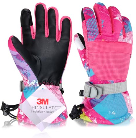 Azarxis Gants de Ski Enfant Moufles Neige Écran Tactile Gants d'hiver Chaud Coupe-Vent Antidérapant pour Garçon Fille Cyclisme (S (9-13 Ans), Rose Rouge)