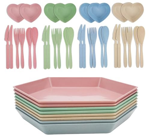 Mulaibdin Lot de 8 Assiette Plastique Reutilisable, Camping avec Couverts & Bols à Sauce, 6.6 Inch Plate Incassable, Assiette Plastique Enfant pour Fêtes, Pâtes, Pizzas, Salade