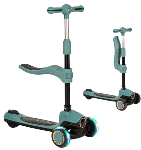 Olmitos - Patinete Infantil Evolutivo 2 en 1 Roller : Correpasillos con Sillín Plegable y Ajustable, Ruedas con Luz, Manillar Ergonómico y Freno Trasero – Compacto, Seguro y Ligero (Azul)