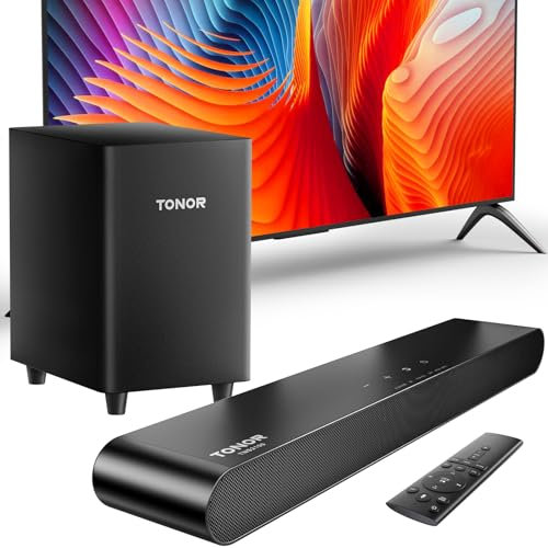 TONOR Soundbar per Smart TV con Subwoofer 2.1, Sistema Audio Surround 3D per TV/PC/Telefono con Bluetooth 5.3, DSP Integrato, 3 Modalità, Compatibile con HDMI/ARC/Opt/AUX/USB