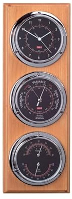 Nautische Wetterstation, Barometer und Wetterstation, Holzuhren, schwarzer Hintergrund, 40 cm, 3 Uhren, Barometer, Hygrometer, Thermometer, Barometertexte in Spanisch