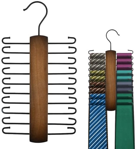 Wooden Tie Rack Retro Belt Storage Hanger Organizer for Men Closet Space Saving Rack with 20 Non-Slip Hooks for Ties Belt Scarf Organizer 360 Rotate Hanger Tie Display Holder, 1 Piece, Brown