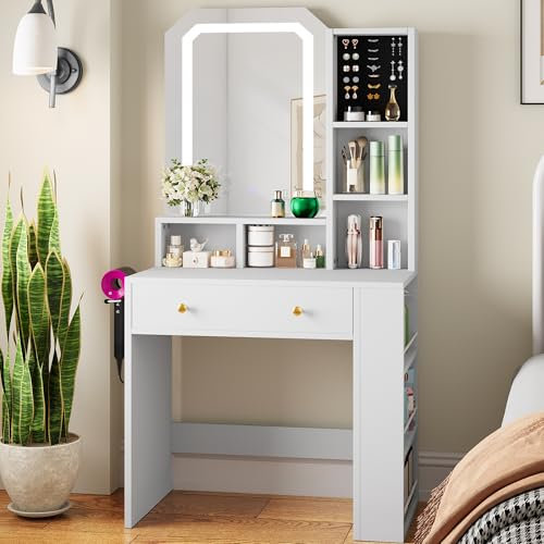 YITAHOME Klein Schminktisch, Eleganter Schminktisch mit vielseitiger, 3 Farben mit Einstellbarer Helligkeit, Aufbewahrung und einstellbarem Spiegel, Perfekt für Schlafzimmer und Ankleidezimmer