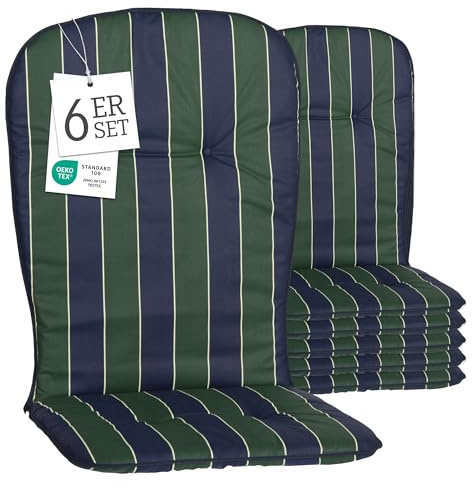 Beo Hochlehner Auflagen 6er Set Waschbar Kos | Made in EU nach Öko-Tex Standard | Atmungsaktive Gartenstuhlauflagen Hochlehner | UV-beständige Auflagen Hochlehner mit Streifen in Blau-Grün