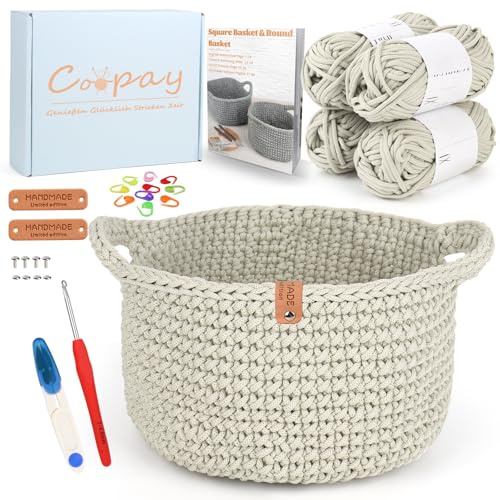 Coopay Häkelset für Anfänger, Rund Körbe Häkel Set mit Häkelanleitung, DIY Häkelset für Körbe Häkeln Lernen mit Häkelnadel 4,5mm, Dicke Häkelgarn, Anfänger Häkelsets- Aprikose