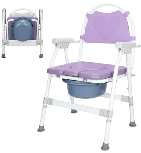 supregear Faltbarer Toilettenstuhl, Höhenverstellbarer Bade-dusch Hocker mit Abnehmbarem Eimer, Weich Gepolsteter Sitz Und Sicherheitsverriegelung, Bettseitig für Ältere, Behinderte, Violett