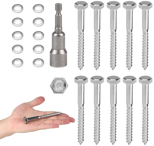 MIGUBIGU 10 Pcs Sechskant Holzschrauben Edelstahl (A2 VA2) M8 x 100 mm | mit Dichtscheibe und Sechskant Steckschlussel, Schlüsselschrauben, Sechskantschrauben, Edelstahlschrauben Holz