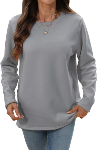 Aisprts Pullover Damen Winter Fleece Sweatshirt Weicher Sherpa Gefütterter Thermo Langarmshirt Warmes Basic Casual Rundhals Oberteile, Hellgrau, L