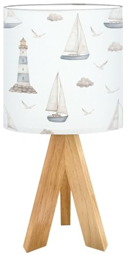 OEPWQIWEPZ Tripod Bedside Desk Table Lamp Yacht Sailboat Lighthouse sea Seagulls Clouds Nautical Wood Nightstand Lamp with Linen Fabric Shade for Nursery Bedroom Living Room Kids Room