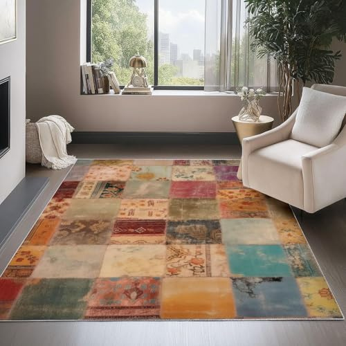 AUWUUA Tappeto lavabile con stampa a quadrati patchwork retrò, 90x180 cm, con motivi geometrici e floreali, per corridoio, cucina, camera da letto, ingresso