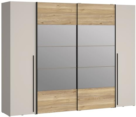 Forte NARAGO Kleiderschrank 270, moderner Dreh-/Schwebetürenschrank, 4-türig, Einlegeböden, Kleiderstangen, Holzwerkstoff, Eiche Holzdekor/Kaschmir Beige, 270,3 cm breit x 210,5 cm hoch x 61,2 cm tief