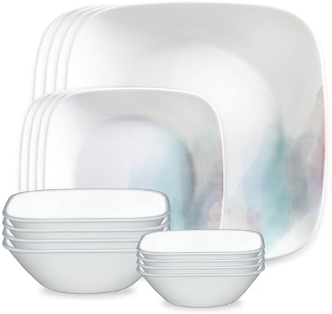 Corelle 16-Piece Vitrelle Glass Aquarello Chip and Break Resistant Dinner Set, Service for 4, Blue/Purple