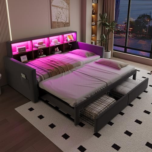 Lahoomu Ausziehbares Polsterbett Schlafsofa 90/180x190cm, Kopfteil mit integrierten Staufächern, LED-Lichtleiste und Ladesteckdosen, Samtstoff Dunkelgrau, Mit Zwei Schubladen und Lattenrost