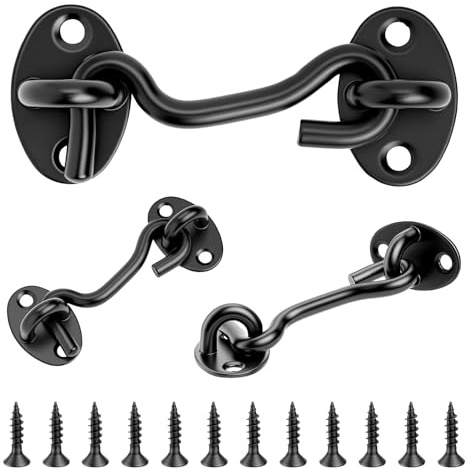 Thirtyseven 3 pares de ganchos para puerta con ojal, 75 mm, pestillo de puerta negro, acero inoxidable para puerta de jardín, color negro, gancho de cabina, gancho para ventana, pestillo para puerta