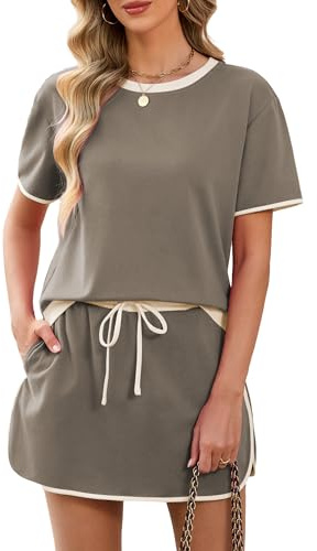 Famulily Crew Neck Womens Tracksuit Sets Color Block Co Ord Sets 2 Piece Outfits Short Sleeve Tops & Skorts with Pockets S-XL