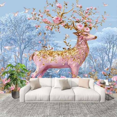 Fotomurales Animales Ciervos Bosque Rosas Papel Pintado Tejido No Tejido Moderna Diseno Fotográfico Decoración De Pared Sala Cuarto Oficina Salón Rosa Papel Pintado 300x210 cm