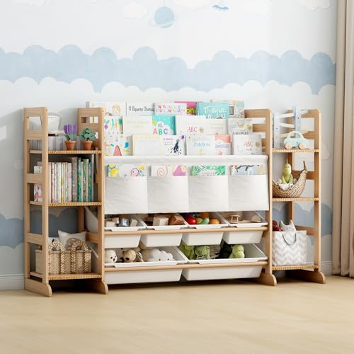EstanterÍa Infantil para Juguetes y Libros para Juguetes con 4 Compartimentos de Tela Oxford, Estantería infantil de Madera Maciza con 6 Caja de Almacenamiento, Organizador de Libros (133x80x34 CM)