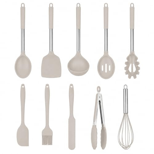 Kitchen Utensils Set,10Pcs Silicone Cooking Utensils Set High Heat-Resistant BPA Free Food Grade Non Stick Cooking Tools for Nonstick Cookware Kitchen (Khaki)
