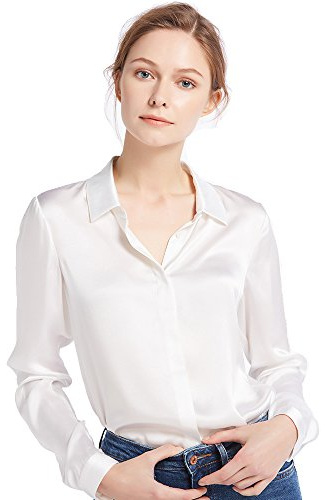 LilySilk Silk Blouse for Women Button Down Shirt Tops Point Collar Long Sleeve 100% Silk White Size M