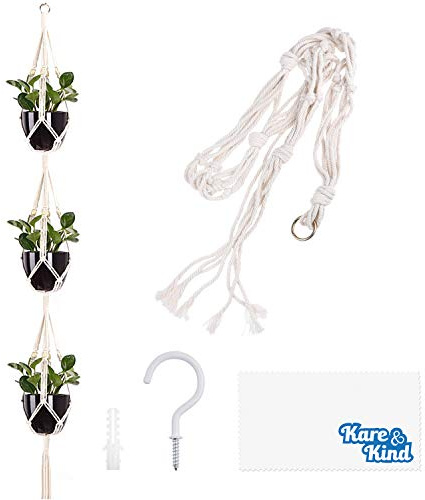 Kare & Kind Makramee-Pflanzenhänger mit 3 Ebenen, inklusive Haken, Dehnschraube, Reinigungstuch, 3-Topf-Display, Baumwollseilmaterial, für Blumentöpfe und Hängepflanzen, Innen- und Außenbereich