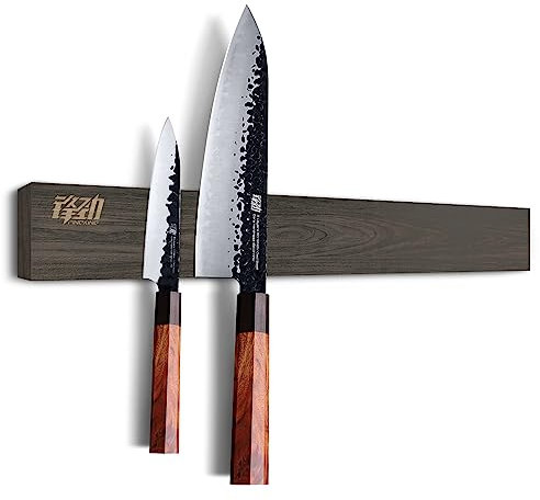 FINDKING Magnetischer Messerstreifen aus Eschenholz, Magnetischer Küchenutensilienhalter für Wand und Kühlschrank, Ohne Bohren, 46CM (Dunkelbraun, Ohne Messer)