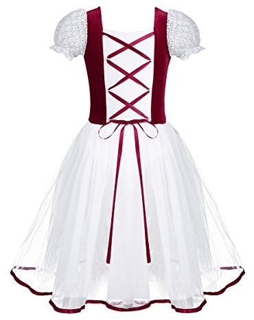 Doomiva Kids Girls Bubble Sleeves Romantic Style Ballet Dance Tutu Dress Fairy Tale Dancewear Ballerina Velvet Maxi Skirt Burgundy 10-12 Years
