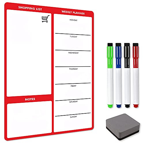 TMS A4 Magnetischer Wochenplaner und Organizer | Whiteboard-Planer, Einkaufsliste und Memoboard für Zuhause und Büro | mit 4 magnetischen trocken abwischbaren Stiften und Radiergummi (Rot, A4)