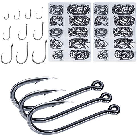 DHER 200 pcs Angeln Haken Angelzubehör Set Karpfen Haken Mit Kunststoff-Box Angelhaken 3#-12# Unterschiedlicher Größe Widerhaken Mit Löchern Kohlenstoffstahlmaterial Angeln Freizeit Unterhaltung